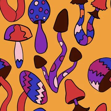 Seamless hand drawn pattern with hippie groovy mushrooms in orange purple blue Stock Illustration
