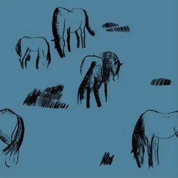 Seamless hand drawn pattern with horses. Stock Illustration