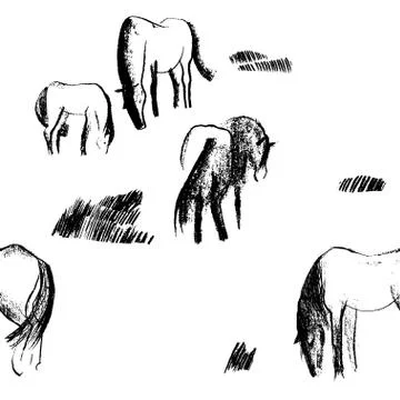 Seamless hand drawn pattern with horses. Stock Illustration