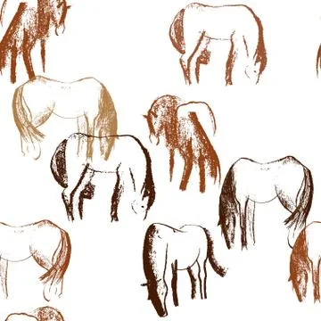 Seamless hand drawn pattern with horses. Stock Illustration