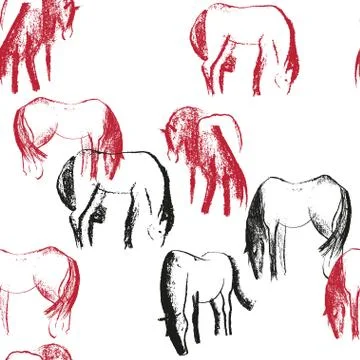 Seamless hand drawn pattern with horses. Stock Illustration