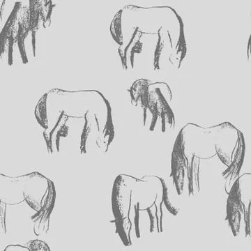 Seamless hand drawn pattern with horses. Stock Illustration