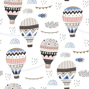 Seamless hand drawn pattern with hot air balloons, clouds. Stock Illustration