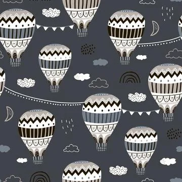 Seamless hand drawn pattern with hot air balloons, clouds. Stock Illustration