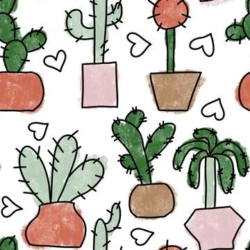 Seamless hand drawn pattern with houseplants, indoor plants flowers in pots 스톡 일러스트