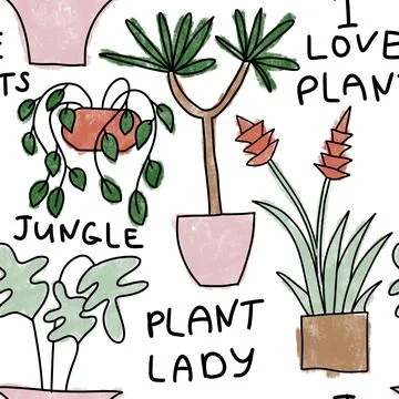 Seamless hand drawn pattern with houseplants, indoor plants flowers in pots Stock Illustration