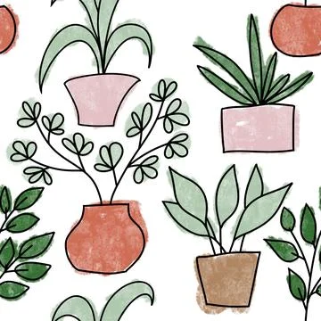 Seamless hand drawn pattern with houseplants, indoor plants flowers in pots 스톡 일러스트