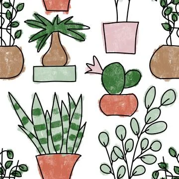 Seamless hand drawn pattern with houseplants, indoor plants flowers in pots 스톡 일러스트