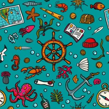 Seamless hand-drawn pattern. Marine theme. Sea inhabitants, plants, and Stock Illustration