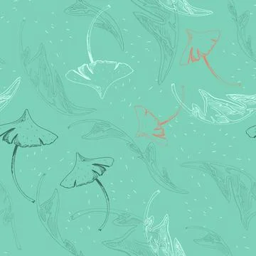 Seamless hand drawn pattern of mushrooms on a mint background. Illustrazione stock