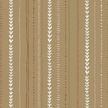 Seamless Hand Drawn Pattern With Neutral Stripes And Delicate Leaf Lines Stock Illustration
