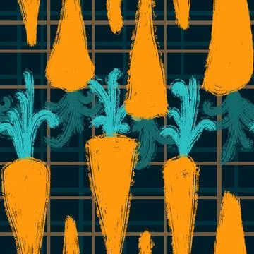 Seamless hand drawn pattern with orange carrots on dark plaid, organic healthy Stock Illustration