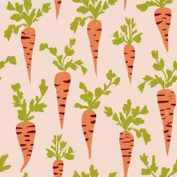 Seamless hand drawn pattern with orange ripe carrots, organic healthy natural Stock Illustration