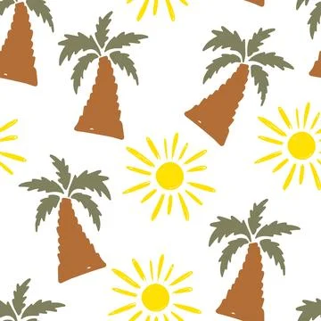 Seamless hand drawn pattern, palm trees and sun, wrapping paper or textile print Stock Illustration