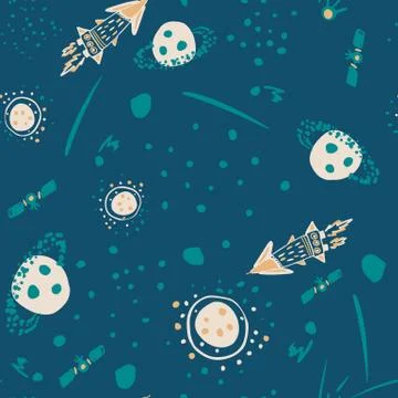 Seamless hand drawn pattern with planets, rockets and satellites. Turquoise b Stock Illustration