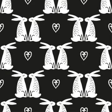 Seamless hand drawn pattern with rabbits. Stock Illustration