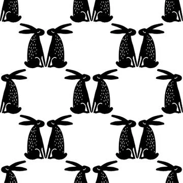 Seamless hand drawn pattern with rabbits. Stock Illustration