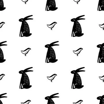 Seamless hand drawn pattern with rabbits. Stock Illustration