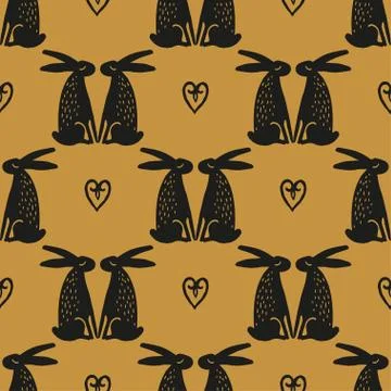 Seamless hand drawn pattern with rabbits. Stock Illustration