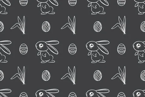 Seamless hand-drawn pattern of rabbits and eggs on a black background Stock Illustration