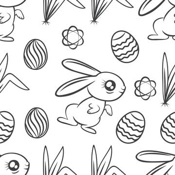 Seamless hand-drawn pattern of rabbits, bunnies, eggs, flower and leaves on.. Stock Illustration