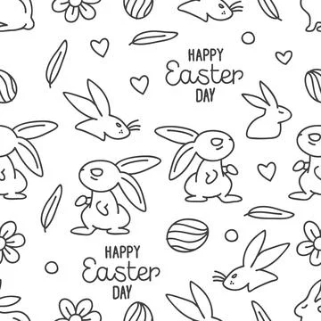 Seamless hand-drawn pattern of rabbits,bunny, eggs, hearts, flowers, and le.. Stock Illustration