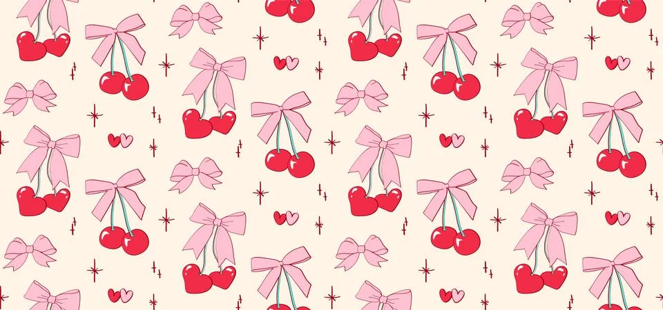 Seamless hand drawn pattern with red cherries tied in pink bows Stock Illustration