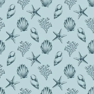 Seamless hand-drawn pattern with seashells, corals, and starfish. Ocean life Stock Illustration