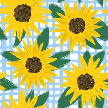 Seamless hand drawn pattern with summer natural sunflowers flowers on blue plaid Stock Illustration