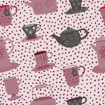 Seamless hand drawn pattern with tea ceremony elements. Dotted background. Si Stock Illustration