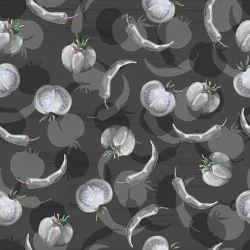 Seamless hand drawn pattern with tomatoes, slices, halves and cherry tomatoes Illustrazione stock
