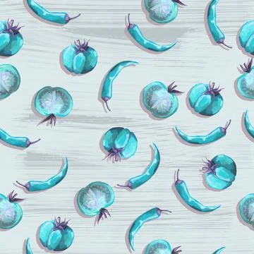 Seamless hand drawn pattern with tomatoes, slices, halves and cherry tomatoes 스톡 일러스트