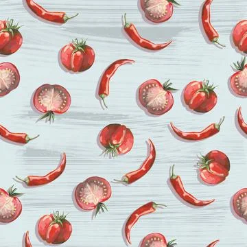Seamless hand drawn pattern with tomatoes, slices, halves and cherry tomatoes Stock Illustration