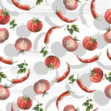 Seamless hand drawn pattern with tomatoes, slices, halves and cherry tomatoes 스톡 일러스트