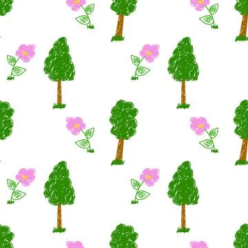 Seamless Hand-Drawn Pattern with Trees and Flowers Stock Illustration