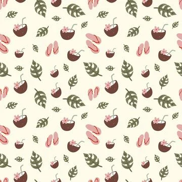 Seamless hand drawn pattern with tropical drinks, flip flops, and lush leaves on Illustrazione stock