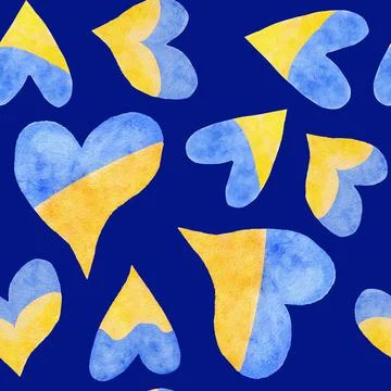 Seamless hand drawn pattern with Ukraine Ukrainian heart in blue yellow colors Stock Illustration