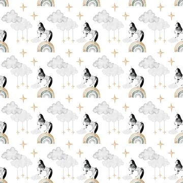 Seamless hand-drawn pattern with vintage unicorn clouds rainbow stars. Elegant Stock Illustration