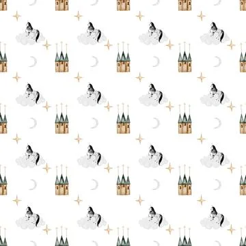 Seamless hand drawn pattern with vintage unicorn clouds moon stars and magic Stock Illustration