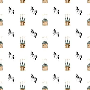 Seamless hand drawn pattern with vintage unicorn and magic castle. Elegant Stock Illustration