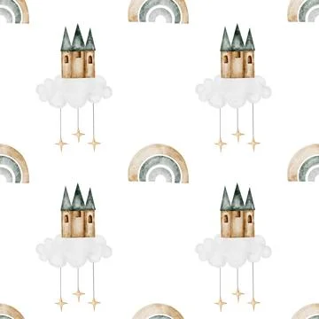 Seamless hand-drawn pattern with vintage rainbow, magic castle. Elegant pattern Stock Illustration