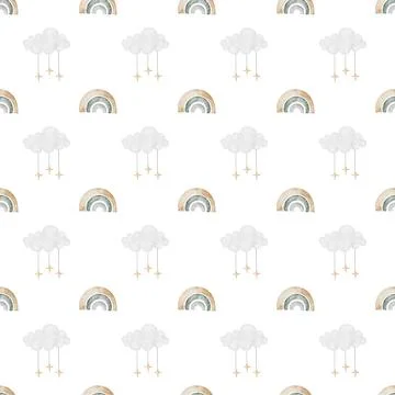 Seamless hand-drawn pattern with vintage unicorn clouds rainbow stars. Elegant Stockillustratie