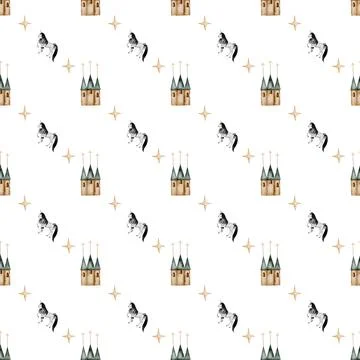 Seamless hand-drawn pattern with vintage unicorn stars and castle. Elegant Stock-Illustration