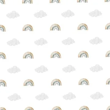 Seamless hand-drawn pattern with vintage unicorn clouds rainbow . Elegant Stock Illustration