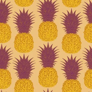 Seamless hand-drawn pineapple pattern in vintage sketch style. Tropical and M Illustrazione stock