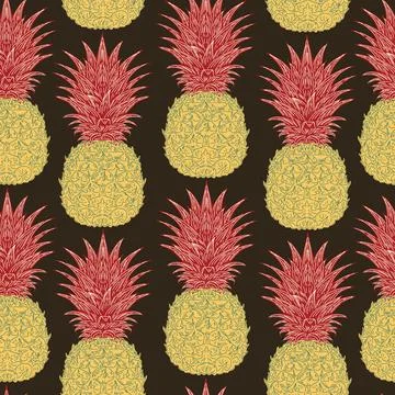 Seamless hand-drawn pineapple pattern in vintage sketch style. Tropical and M Illustrazione stock