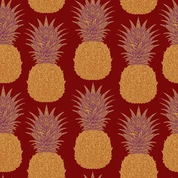 Seamless hand-drawn pineapple pattern in vintage sketch style. Tropical and M 스톡 일러스트