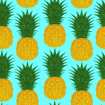 Seamless hand-drawn pineapple pattern in vintage sketch style. Tropical and M Иллюстрация