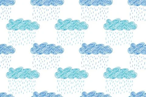 Seamless Hand-Drawn Rain Cloud Pattern in Blue and Teal Stock Illustration