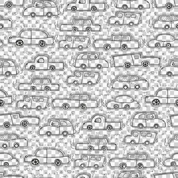 Seamless Hand-Drawn Retro Car Doodle Pattern on Black Background Stock Illustration